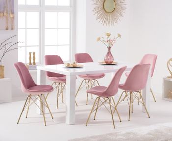 Atlanta 160cm White High Gloss Table with Celine Gold Legs Velvet Chairs - Blue, 4 Chairs