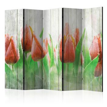 Biombo - Red Tulips On Wood Ii (225x172 Cm)