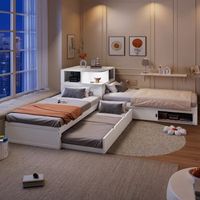 cama plataforma en l 90x200 cm con cama nido almacenamiento con puerta corredera y luz nocturna integrada blanca