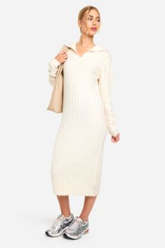 Vestido Maxi De Punto Suave Y Canalé Grueso Con Detalle En El Cuello, Cream