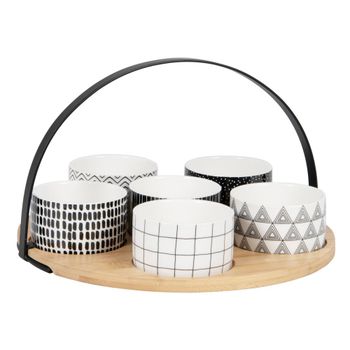 Set de 6 cuencos de cerámica negra y blanca y bandeja de madera de bambú
