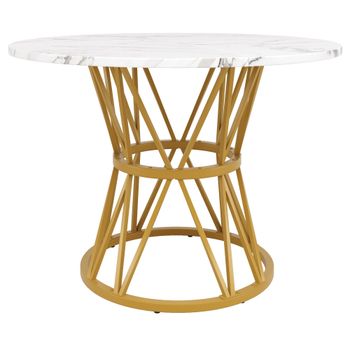 Mesa de comedor redonda para 4 personas, patas de metal elegantes, tablero de mesa de MDF, 100x100x76 cm, Blanco+Oro
