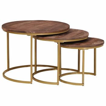 3 Piezas Mesas De Café | Mesa De Centro Nido Madera Maciza De Mango Y Acero