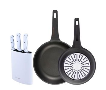 Bergner juego de 2 sartenes ø24ø28cm en aluminio fundido con mango de baquelita+set de 3 cuchillos con tacoma en acero inoxidable