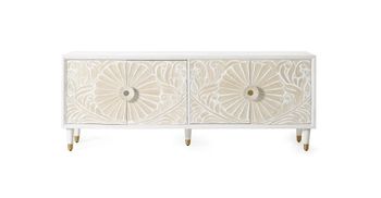 Mueble tv en madera de mango blanco con toques dorados