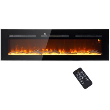 HOMCOM Chimenea Eléctrica con Soporte de Pared y Mando a Distancia con Troncos y Cristales Artificiales 1800 W Negro   Aosom España