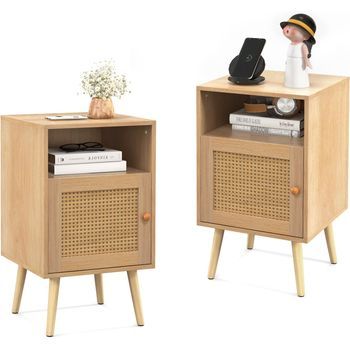 Set De 2 Mesita De Noche De Ratán, Mesa Auxiliar Con Estante Abierto Y Puerta Decorada Costway 40 X 39 X 70cm