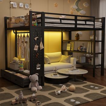 Cama Alta 140x200 Con Armario Abierto, Estantes, Panel Perforado Y Luz Led