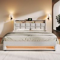cama tapizada doble de lino con somier de lamas metalicas iluminacion led puerto usb 180x200 cm para adolescentes