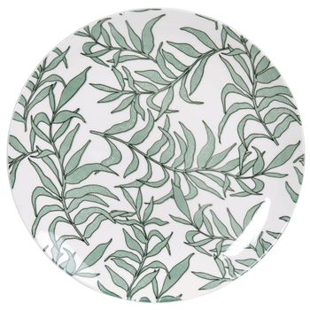 Plato plano de porcelana blanca con hojas verde