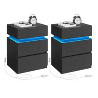 mesita de noche con tira de luz led multicolor variable negro con veta de madera  2