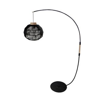 Lámpara de pie arco metal negro madera natural pantalla hilo negro