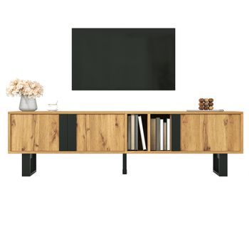 Mueble Para Tv 160 Cm, Mesa De Tv Color Natural Con 3 Puertas, Pasacables Y Patas De Hierro Negro, Mdf Y Pb