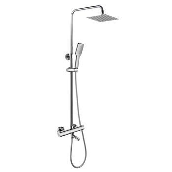 Kibath Columna De Ducha Termostático Con Caño | Altura Regulable 85-115 Cm | Latón Macizo Cromo Brillo | Diseño Cuadrado Con Rociador Efecto Lluvia Y Alcachofa | Ideal Techos Altos