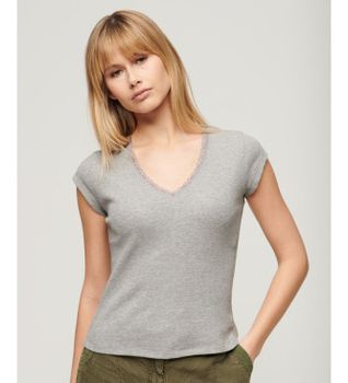Superdry para mujer. W6011874A Camiseta con ribete de encaje Athletic Essential gris (S/M), Casual, Algodón, Sin mangas / Tirantes
