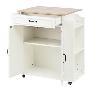 Isla De Cocina Con Ruedas, Encimera Plegable, Cajón Y Armario, 66x60x90 Cm, Mdf, Blanco