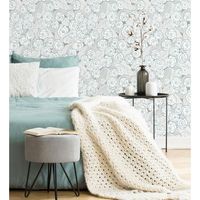 papel pintado vinilico ecologico de flores celeste fondo gris - helen flowers 680623 de gaulan - rollo de 10 m x 053 m