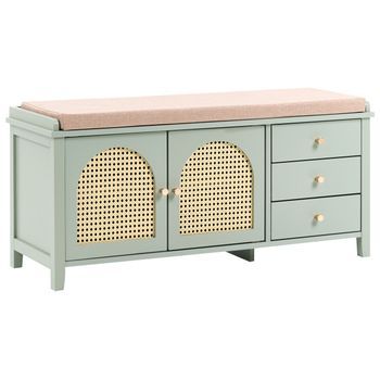 Banco Zapatero Con 3 Cajones Y 2 Estantes Asiento Acolchado De Madera Mdf Ratán Pe Pintado Estilo Boho Verde Menta Bendigo