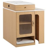 mesa de comedor extensible 80 cm con ruedas enchufes y almacenaje acabado natural