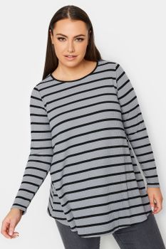 Yours Camiseta Canalé Con Vuelo Gris De Rayas, Mujer Curvy Y Tallas Grandes, Yours