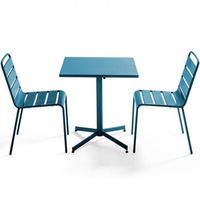 mesa cuadrada con tablero plegable y 2 sillas de metal  azul pacifico