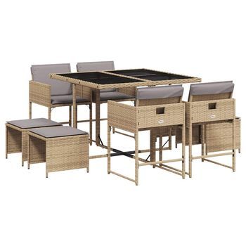 Set Comedor De Jardín 9 Piezas | Mueble De Jardín Con Cojines Ratán Sintético Beige
