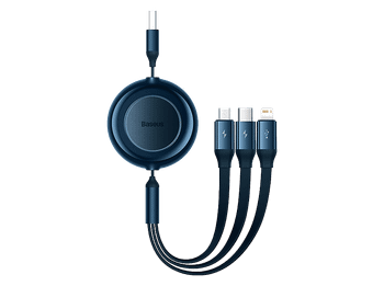 Cable USB - Baseus 3-en-1 Bright Mirror, retráctil, Carga rápida multidispositivo, a USB-C-Lightning-Micro, 110 cm, 3.5A, Azul