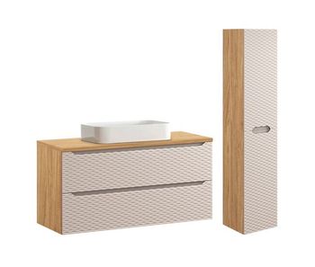 Conjunto de muebles con lavabo individual 120cm 2 cajones y columna elora beige y madera