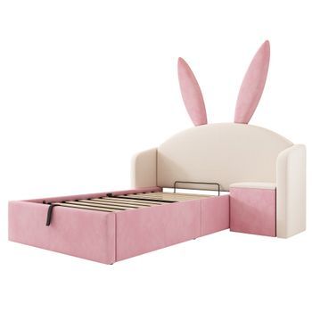 Cama Infantil De Terciopelo Beige Y Rosa 90 X 190 Cm Con Orejas De Conejo, Mesita Y Almacenaje Hidráulico