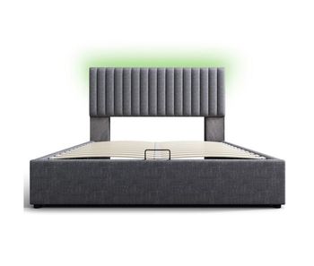 Cama con almacenaje acolchada de lino con puertos de carga y led - 160x200 cm - 3 compartimentos en el cabecero ajustable - gris