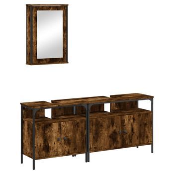 Set De Muebles Baño 3 Uds | Armario De Baño Madera Contrachapada Roble Ahumado