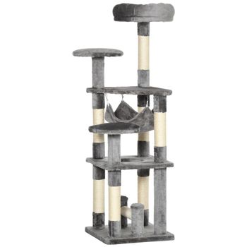 PawHut Árbol rascador para gatos con plataforma circular, hamaca para gatos, gris, L40 x A40 x AL132 cm