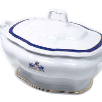 Sopera De Porcelana Blanca (4l) Duisburg, 1 Tapa De Porcelana, Filo De Oro, Azul Cobalto