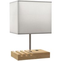 homcom lampara de mesa con puertos usb-ac tres ranuras para telefonos base de madera y pantalla de tela blanco