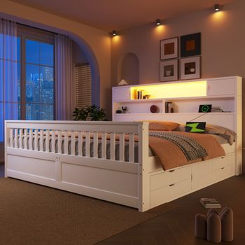 Cama De 180 X 200 Cm Con Cabecero Con Estantería Y Luces Led + 4 Cajones - Mdf Y Contrachapado - 11 Lamas - Blanco (colchón No Incluido)