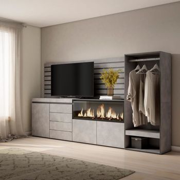 Aparador efecto madera cemento 274x35x145cm chimenea efecto fuego