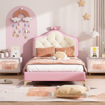 Cama Acolchada Princess 90 X 200 Cm Con Tiras Led Multicolor - Cuero Pu - Rosa