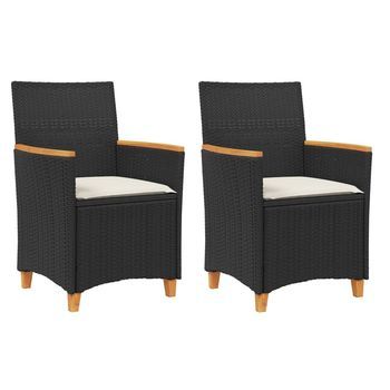 Pack 2 Uds Sillas De Jardín | Silla De Exterior | Sillón Con Cojín Ratán Pe Negro Y Madera Acacia