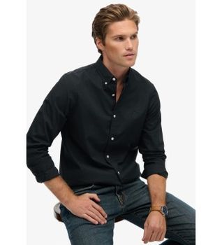 Superdry para hombre. M4011064A Camisa Essentials Tailored Lite negro (S), Algodón, Clásico, Manga larga
