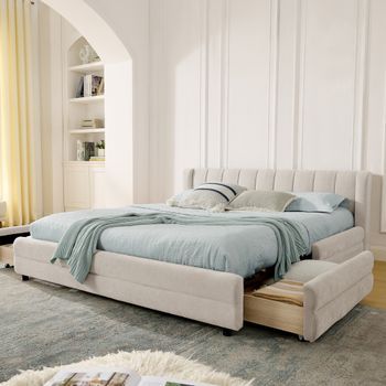 Cama De 140x200 Cm, Doble, Con Almacenamiento Lateral Y Usb, Chenilla, Beige, Sin Colchonetas.