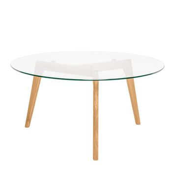 Mesa centro con patas de roble y tablero de vidrio de 90 cm.