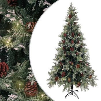 Árbol De Navidad Con Luces Y Piñas Pvc Pe Verde Y Blanco 225 Cm Vidaxl