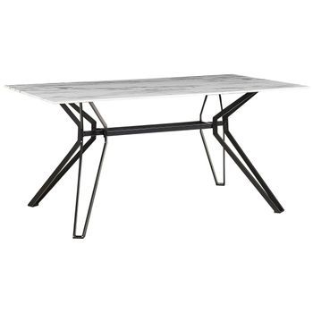 Mesa De Comedor Tablero De Cristal Templado Rectangular Patas De Metal Negro 160 X 90 Cm Efecto Mármol Moderno Ballina