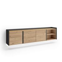 mueble tv television muebles de salon almacenaje 207x50x35 cm para tv hasta 80 colgado suspendido led estilo moderno roble y negro