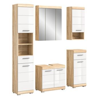 Conjunto De Muebles De Baño Ridley – Muebles Bajo Lavabo, Mueble Con Espejo, Columna Y Medias Columnas – Blanco Y Roble