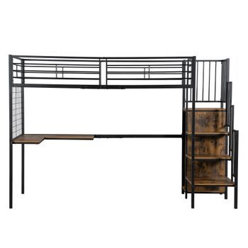 Cama Literas 90x200cm - Con Mesa Y Armario, Con Escalera Lateral, Hierro Y Tablero De Partículas - Negro+madera Oscura