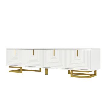 Mueble De Tv Blanco 160 Cm, Mesa De Tv Moderna Con 4 Puertas Y Patas Doradas, Madera, Blanco