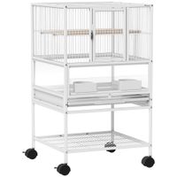 pawhut jaula para pajaros con paneles acrilicos comederos soporte ruedas y estante inferior 48x46x83 cm blanco