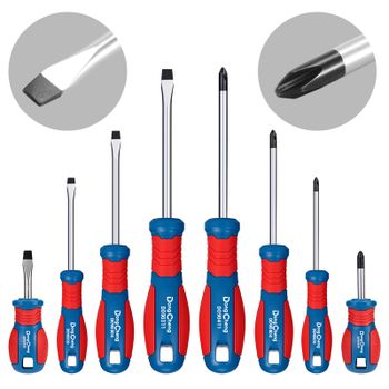 Juego de Destornilladores Phillips y Planos, Punta Magnética de Acero CRV, Tratado Térmicamente, Mango con Agarre TPR, 3, 5, 6, 8 mm, PH0, PH1, PH2, PH3, Herramientas Manuales
