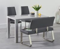 atlanta 120cm light grey high gloss dining table with cavello chairs and malaga grey bench